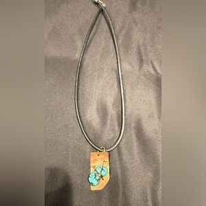 Artisan Copper Wire Wrapped Natural Turquoise Pendant  with Leather Cord